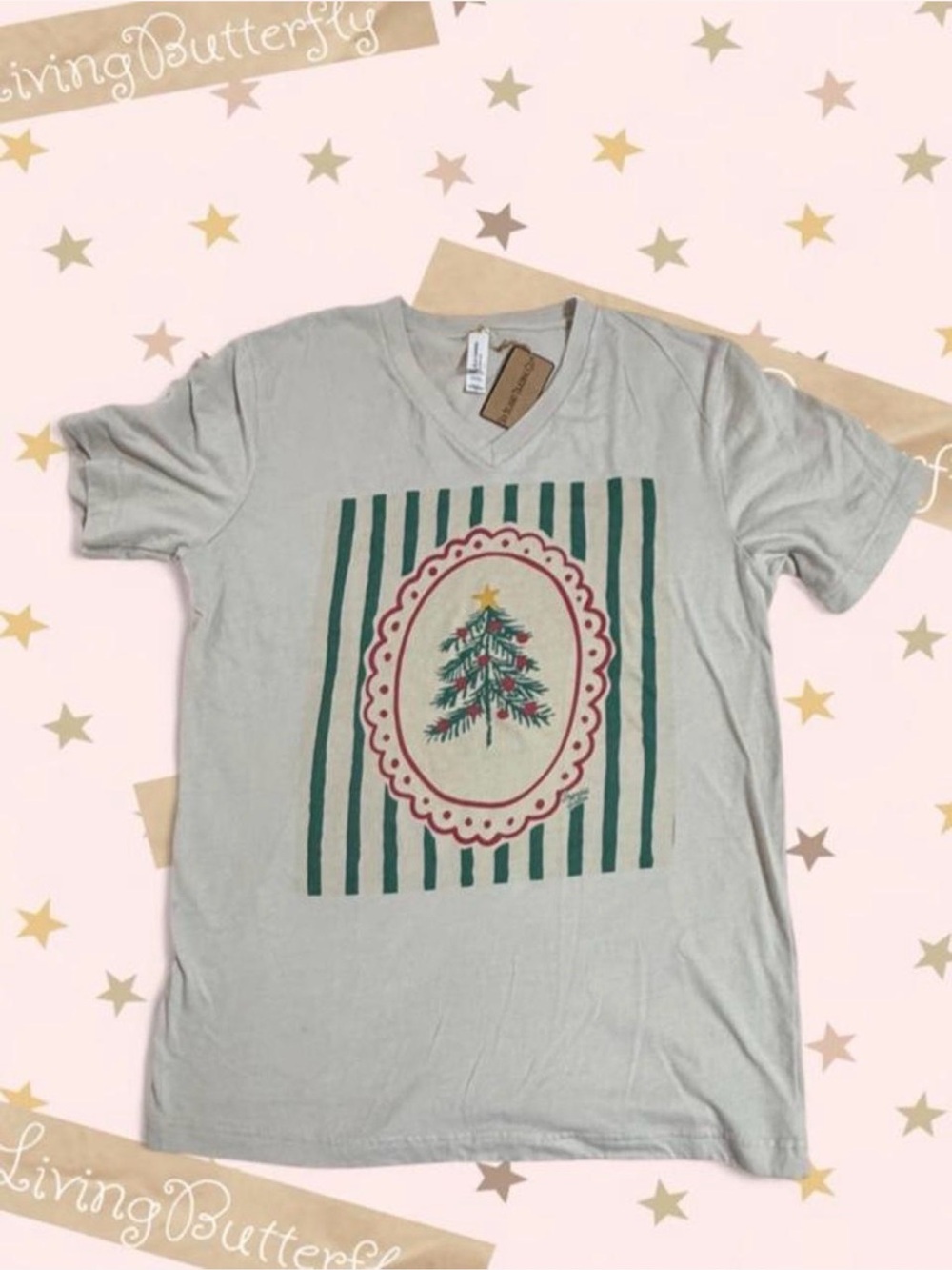 Designers Originals Cream Tee with Green and Red Holiday Tree